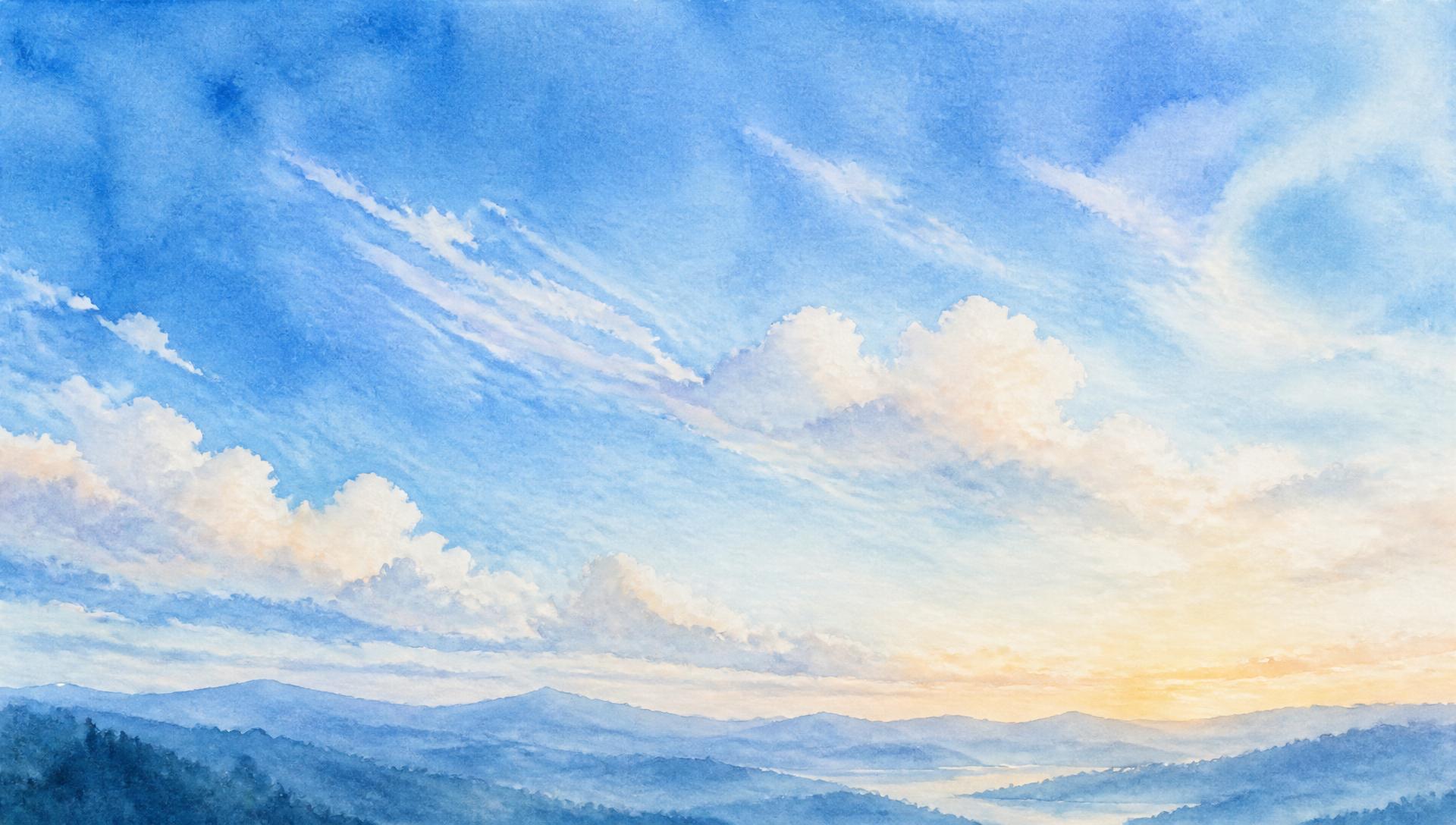 Watercolor blue morning sky with soft clouds over misty hills